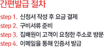 간편발급절차. step1.신청서 작성 후 요금 결제. step2.구비서류준비. step3.집배원이 고객이 요청한 주소로 방문. step4.이메일을 통해 인증서 발급